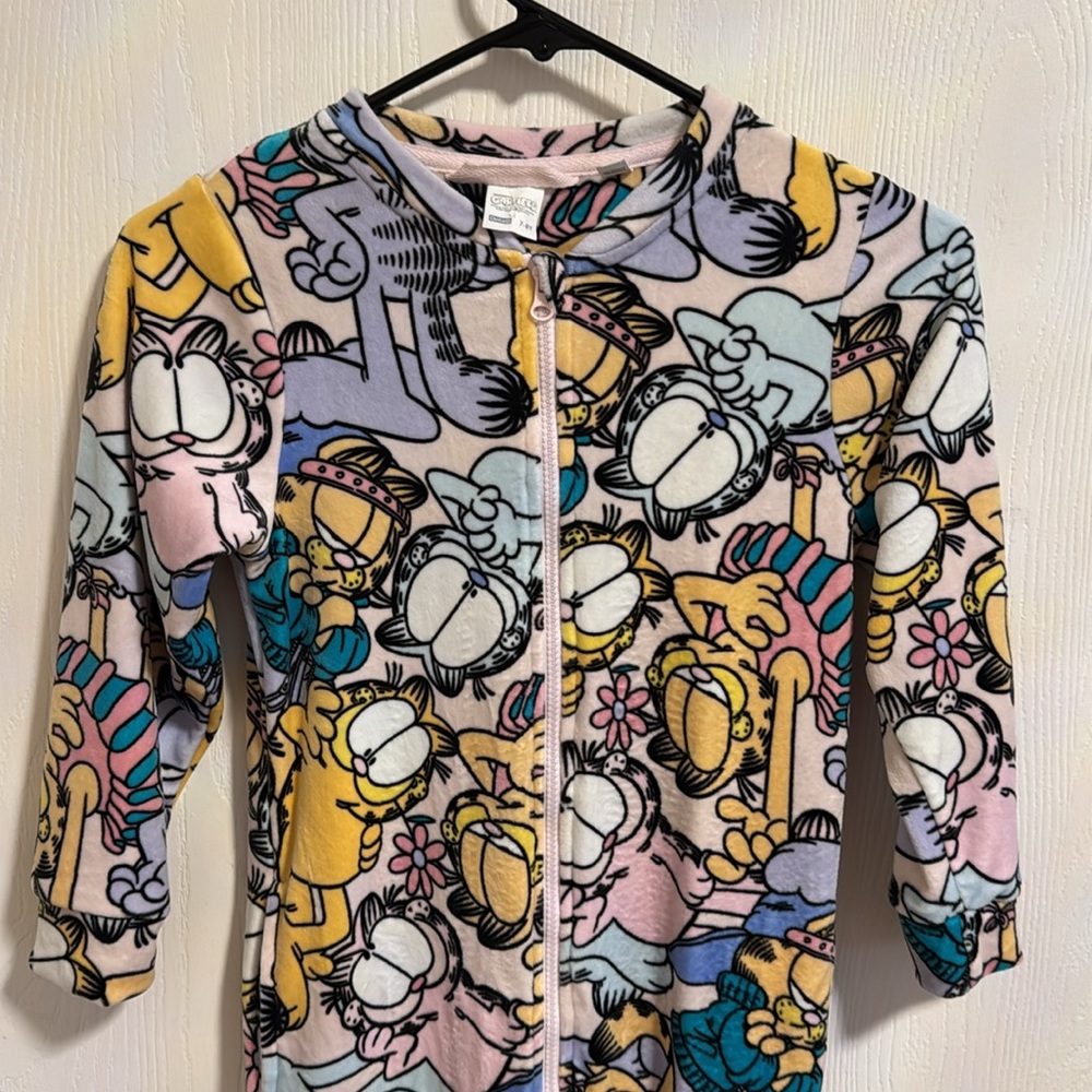 Delta Garfield Girls 7-8 Full Zip Soft Velour Feel Footless Pajamas Pockets Cute - Picture 2 of 12